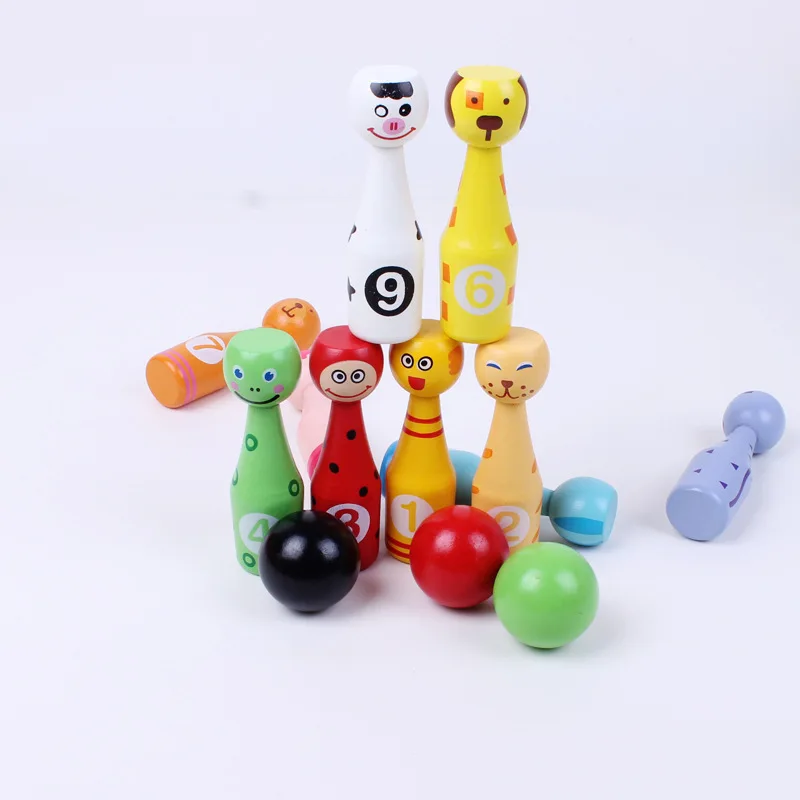 

New Baby Parent-Child Wooden Toys New Cartoon Animals Flat Head Large Bowling Children's Fitness Toys Building Blocks