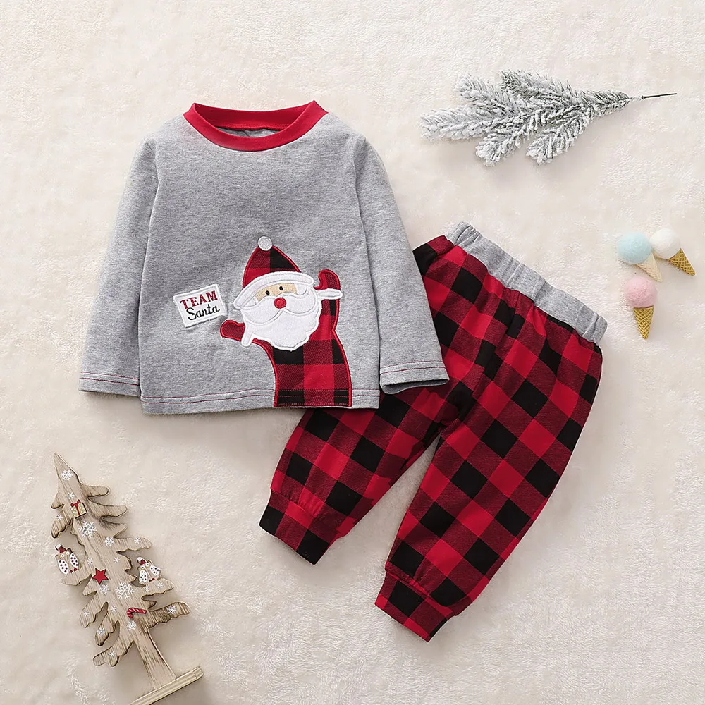 Рождественский костюм для новорожденных мальчиков и девочек, топы с длинными рукавами и Санта-Клаусом, красные клетчатые штаны, рождественские хлопковые Пижамные комплекты D20