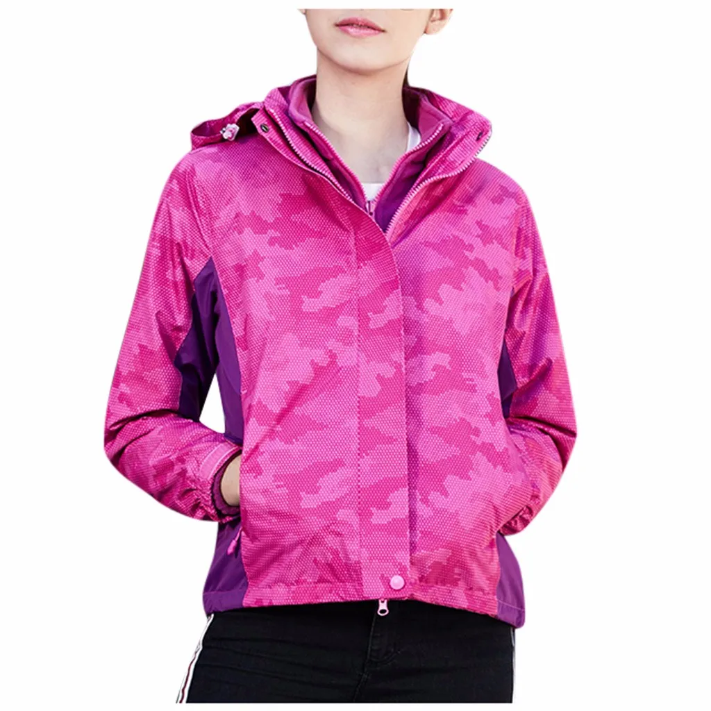 hot pink SAGACE женская осенняя и зимняя уличная куртка может быть отделена флисовой рукавом с капюшоном камуфляжная зимняя куртка сплошной цвет - Цвет: hot pink