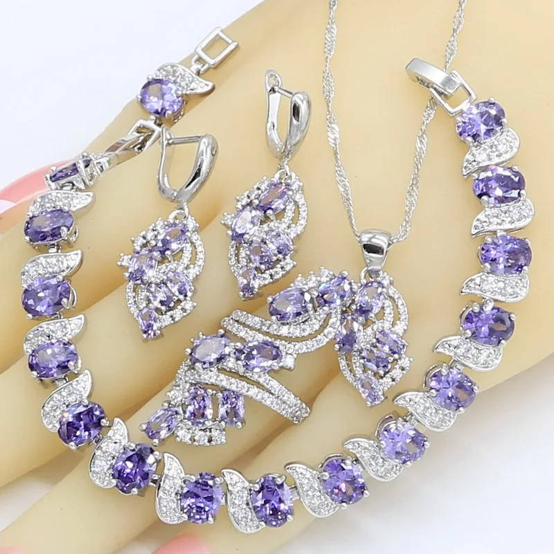 925 Silver Wedding Jewelry Sets for Women Purple Semi-precious Necklace Pendant Earrings Ring Bracelet Christmas Gift