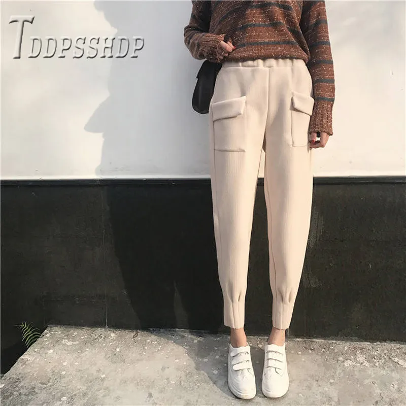 Thick Woolen Women Pants Preppy Style New Korean Slim Female Harem Trousers