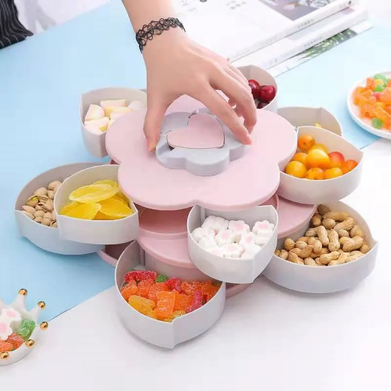 Многофункциональный поднос для закусок с цветком, вращающаяся коробка для конфет, орехов, сушеных фруктов, вечерние контейнеры для хранения еды