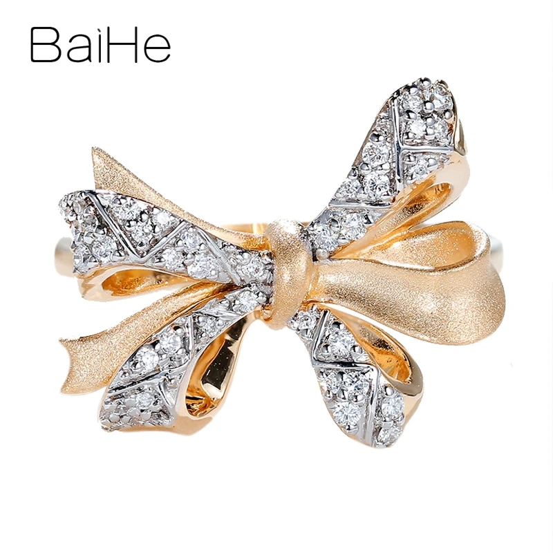 Rose Gold BAIHE Твердые 14 к желтое золото 0.14ct круглые натуральные бриллианты ювелирные изделия для женщин Свадебные модные ювелирные изделия на заказ ювелирные изделия кольцо с бантом - Цвет камня: Rose Gold