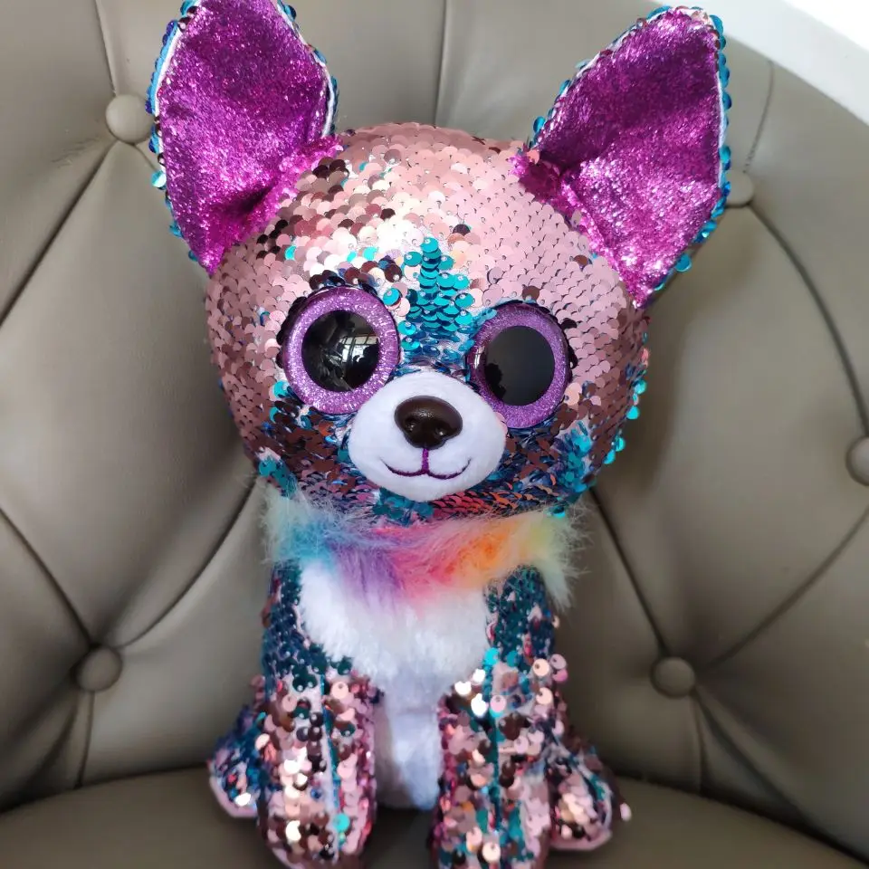 

Reversible lentejuelas yappy perro chihuahua 25CM ojos grandes juguetes de peluche animales de peluche regalo de navidad niños juguetes suaves