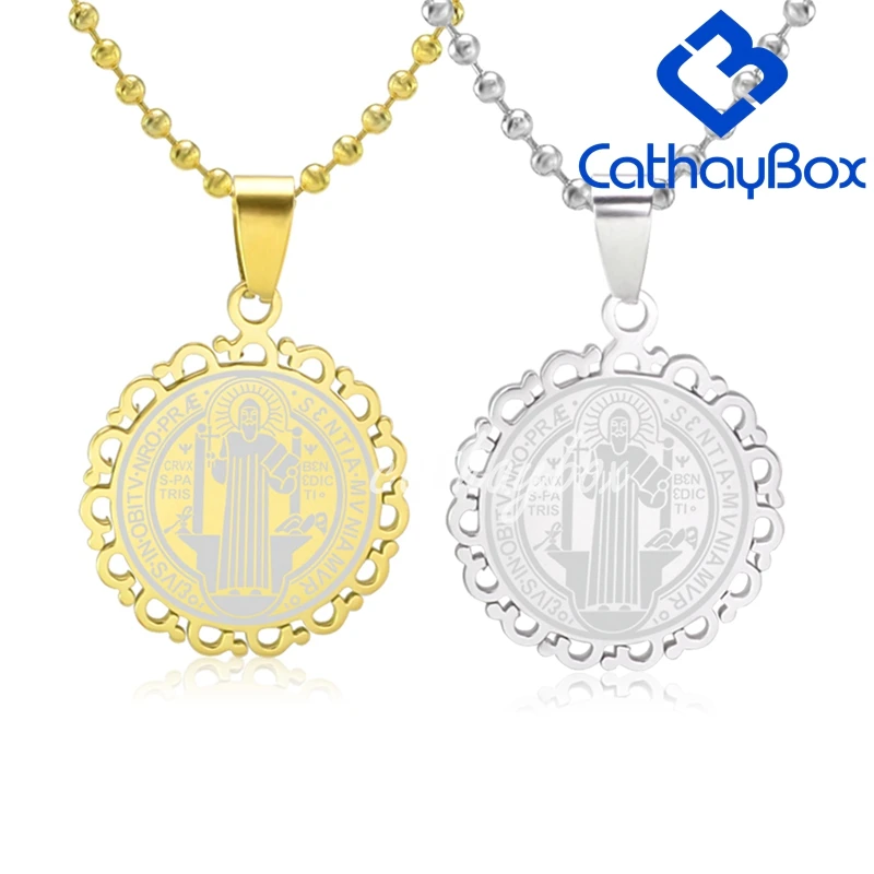 

Gold Silver Tone Stainless Steel Catholic Patron Saint St. Benedict Holy Medal Pendant Necklace Chain 60CM Long Floral Frame