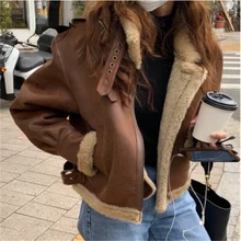 Wool Fleece Patchwork Faux Leather Jackets Women Winter Thicken Fur Pu Short Overcoat Female Loose  Vintage