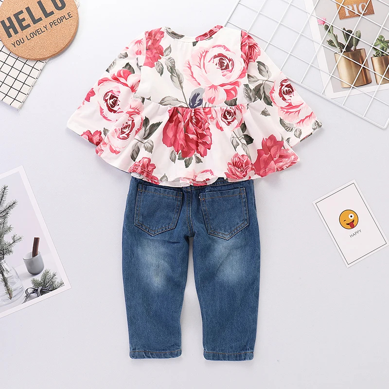 PatPat 2020 New Spring 2-piece Sweet Floral Ruffle Long-sleeve Top and Jeans Baby Toddler Girl Sets Baby Girl Clothes