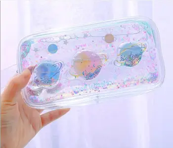 

Transparent into the oil quicksand pen bag cute pen box makeup package super fire art girl heart pencil box