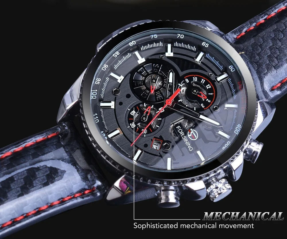 

Waterproof forsining Three-Eyed Six-pin Men Fully Automatic Analog Watch MEN'S Watch Belt Watch