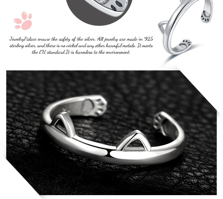 JewelryPalace Cat Ear Paw 925 Sterling Silver Ring Open Adjustable Korean Cuff Finger Thumb Band Stackable Love Rings for Women earrings for men