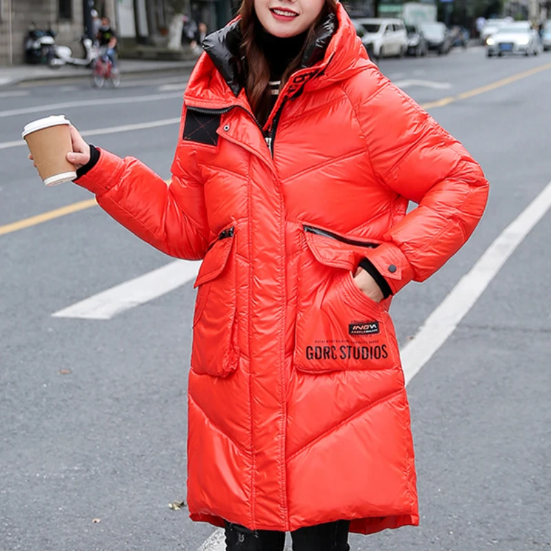 Women 2023 New Winter Korean Version of Loose Hooded Overcoat Shiny Face Down Padded Jacket Mid-length Russian Simple Thick Coat