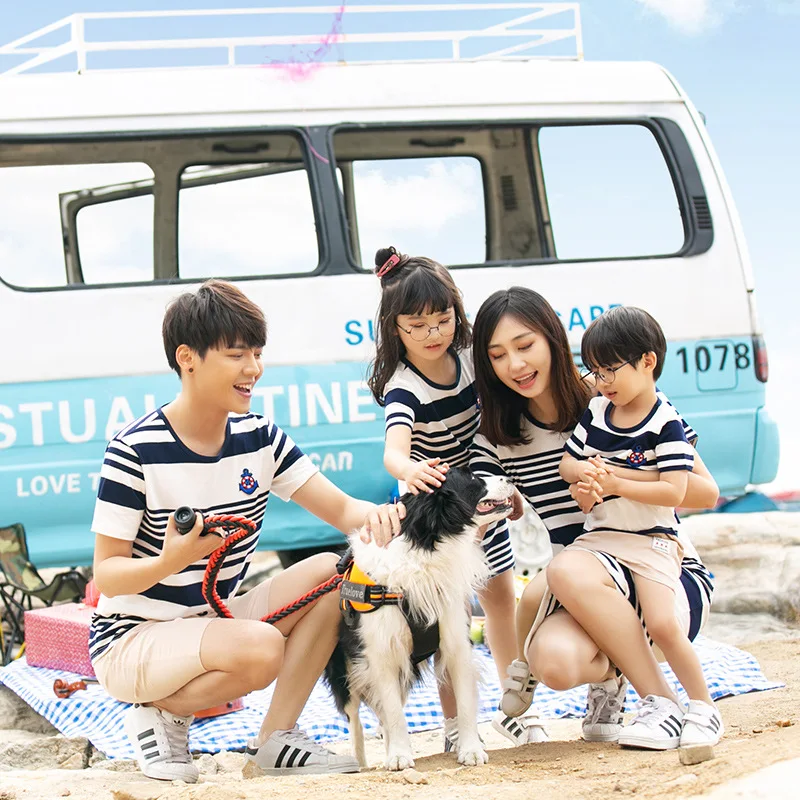 

2019 qin zi fu Summer Wear Short Sleeve Mother & Daughter Dress Stripes Family Service Family of Three Four Beach Parent-child M