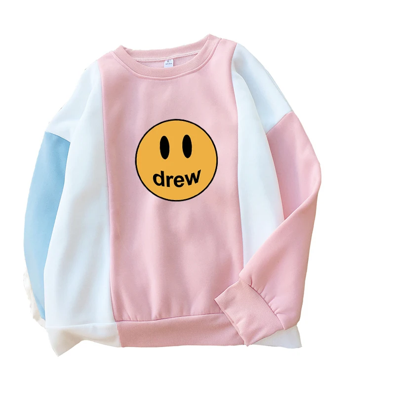 Justin Bieber Drew Smil Face Printed Hoodies Sweatshirt Kanye West Women Harajuku Kawaii Colorblock