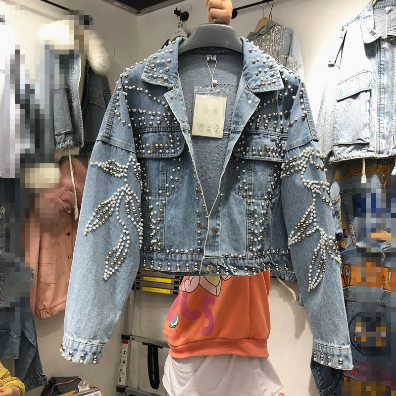 

Heavy Handmade Beaded Loose-Fit Cropped Denim Jacket Women's 2020 Spring New Loose Casual Jacket Girls Ladies Street Jean Jacket