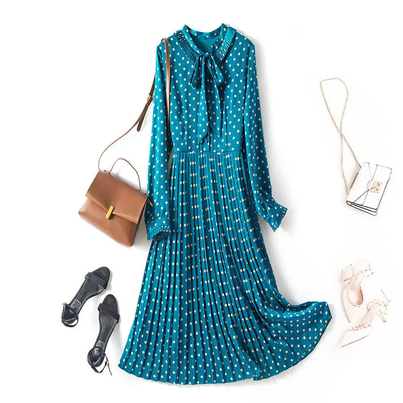 

Long Dot print dress women's 2022 spring summer new product fashion elegant bow tie neck ruffles mid-length pleated dress