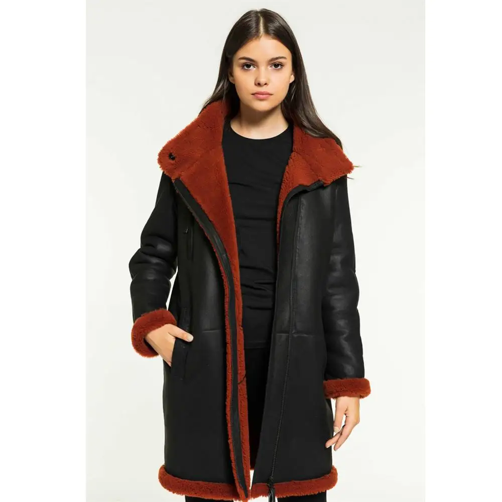 Womens Casual Black Shearling Coat 