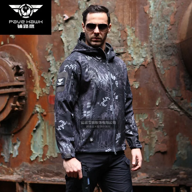 CamouflagTactics Акула кожа софтшелл для мужчин водонепроницаемый тепловой открытый с капюшоном походная куртка лыжная треккинг Кемпинг Рыбалка пальто