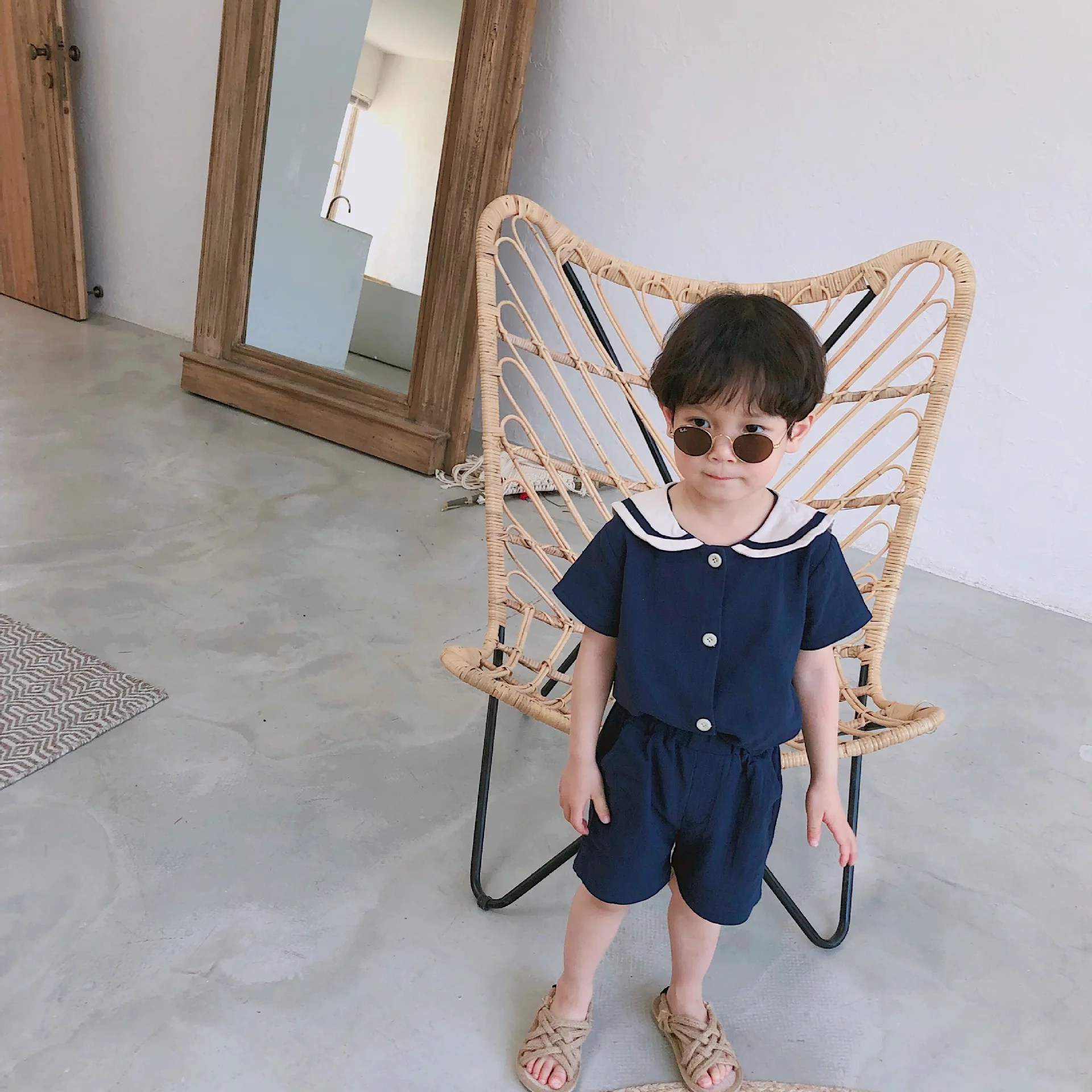 Kids Clothing Set Summer Korean Style Kids Sailor Collar Cotton Linen 2Pcs Suits Short Sleeve T Shirt + Shorts