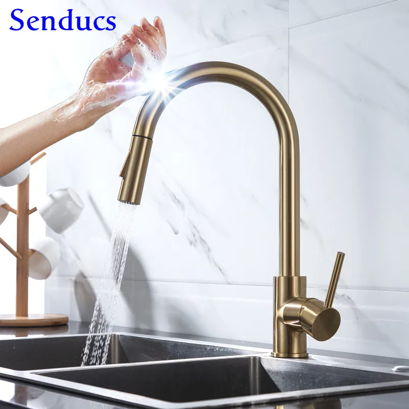 Золотой Сенсорный кухонный кран Senducs Smart Touch выдвижной смеситель из нержавеющей