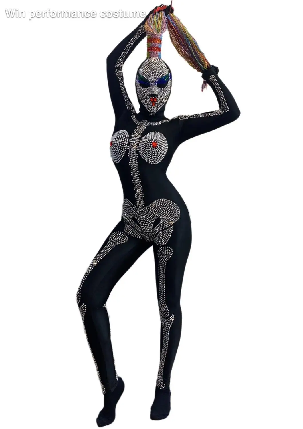 Halloween Outfit Bodysuit Singer Party Show Shining Wear Stage Rhinestone Costume Skull mask headgear Cosplay Adult Scary