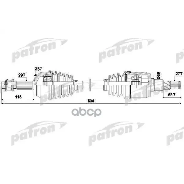 Полуось Передняя 29x634x67x27 Nissan: Navara 2.5dci 4wd 05-, Pahtfinder 2.5dci 4wd 05- PATRON арт. PDS0271
