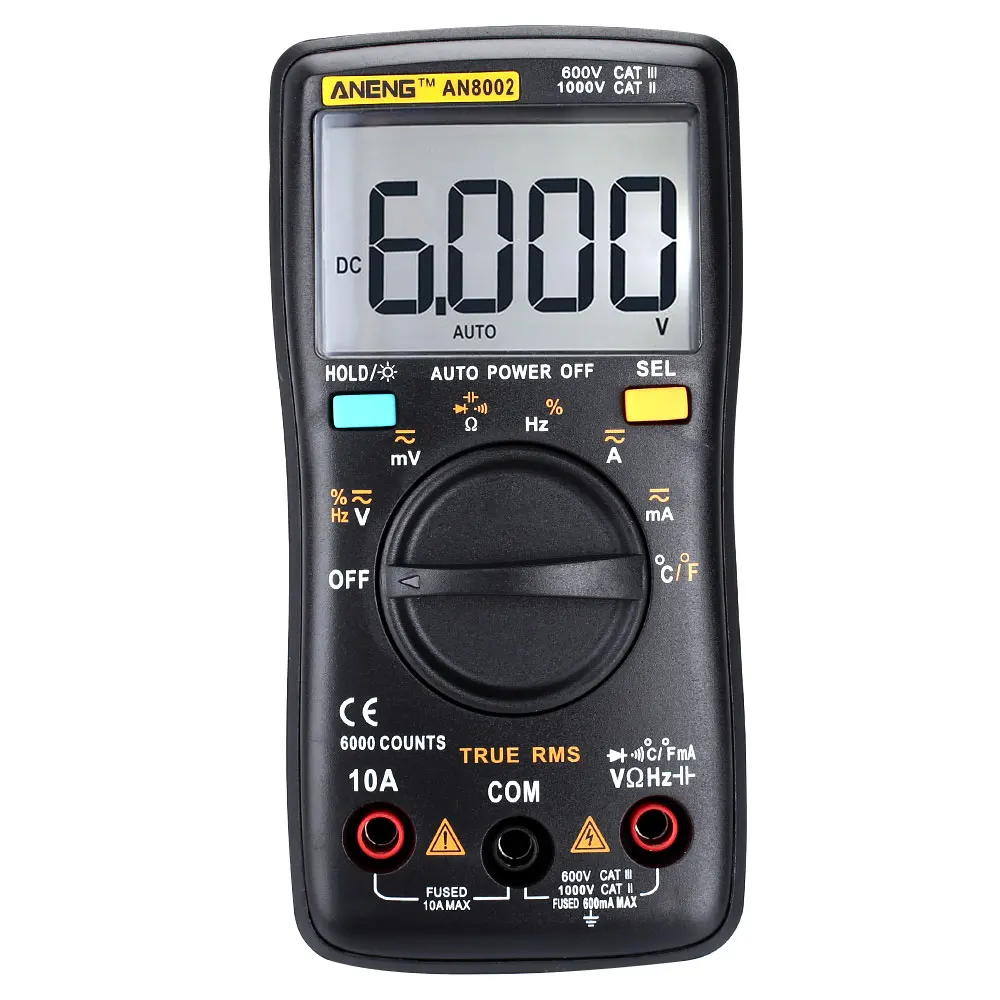 AN8002 цифровой мультиметр, цифровой вольтметр, многофункциональный мультиметр, домашний инструмент, инструмент для улицы, прочный, портативный - Цвет: Black