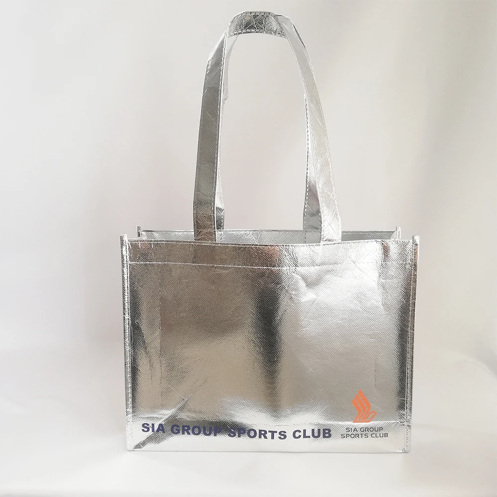 Производитель, 500 шт./лот, Заказные Серебристые ламинированные и напечатанные сумки, металлическая модная сумка для покупок, печать логотипа для компании