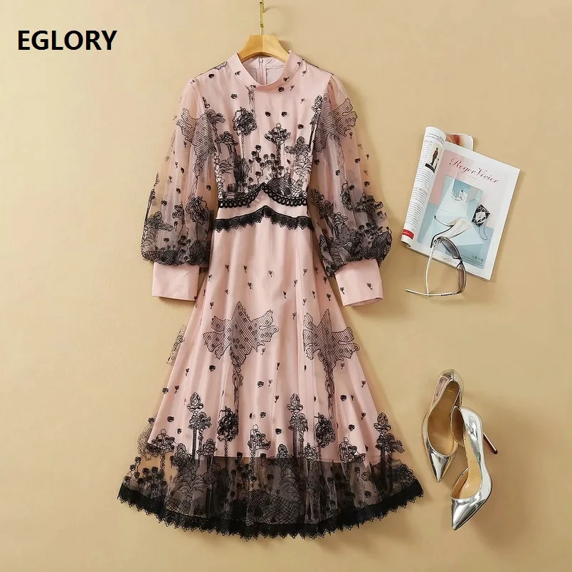 

2020 Autumn Fashion Party Pink Dress High Quality Women Stand Necck Sexy Tulle Lace Patchwork 3/4 Sleeve Mid-Calf Dress Club