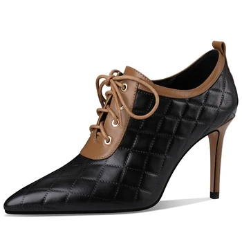 

autuspin Genuine Leather Lace Up Female Pumps 2020 Winter Autumn Office Lady Worl Prom Party Dress Shoes Mixed Colors High Heels