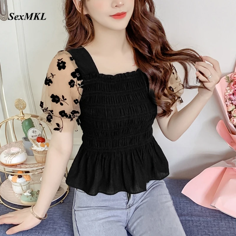 Blusa informal de con manga abombada para verano, Blusa Sexy ajustada de estilo coreano con retales malla, color negro, 2022 - AliExpress Ropa de mujer