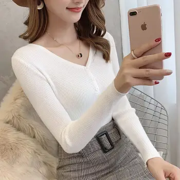 

Chic Casual Autumn Winter Basic Sweater Pullovers Women V-neck Solid Knit Slim OL Female Long Sleeve Warm 13 Colors Sweater