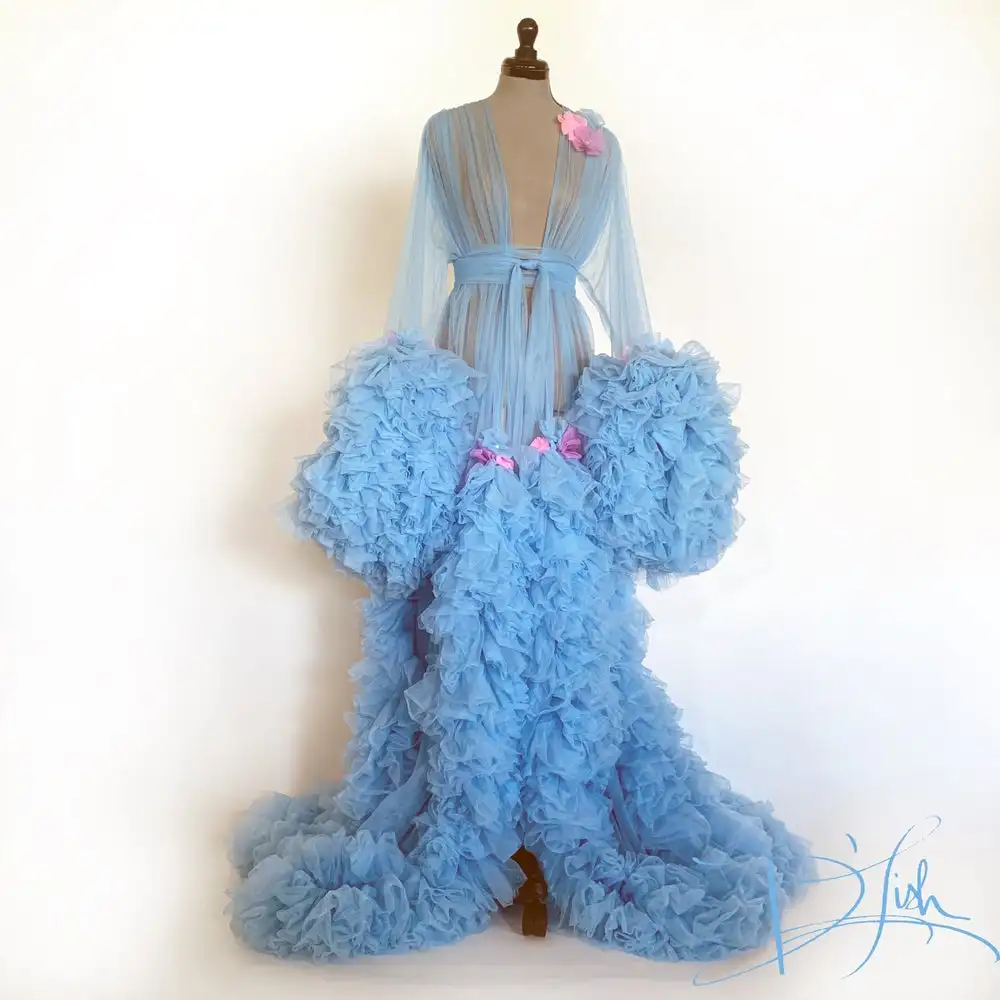 

Baby Blue Bathrobe Sleepwear Bathrobe Boudoir Dress A Line Kimono Dressing Gown Babydoll Sexy Lingerie Bath Robes De Mariée