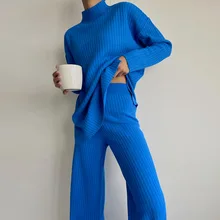 Women's knitted two-piece fashion casual slimming half-high neck long-sleeved sweater + high-waist wide-leg pants suit 2021