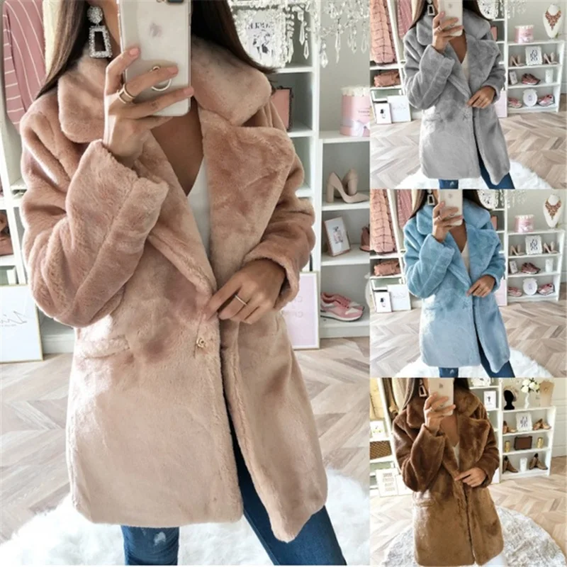 Женское пальто из искусственного меха, однотонное, отложной воротник, на пуговицах, с карманами, плюшевая куртка, зимнее женское теплое пальто, высокое качество, синий, розовый