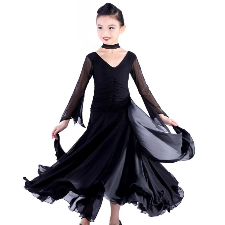 Chiffon Long Sleeves Standard Competition Ballroom Dance Dress Fo Girl