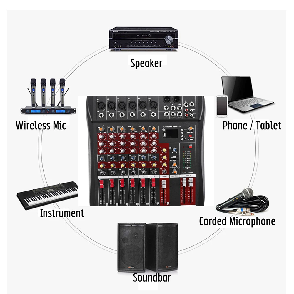 Профессиональный звуковой микшер смешивания консольный микшер звуковая карта 6 канальный USB BT стерео микшер микшерный пульт музыка Intrustments