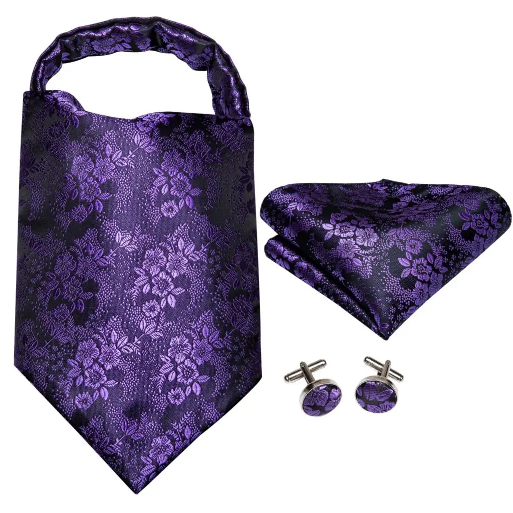 Hi-Tie Silk Men's Ascot Tie Pocket Square Cufflinks Set Cravat Ascots Scrunch Self British Style Gentleman Dress Scarves Party