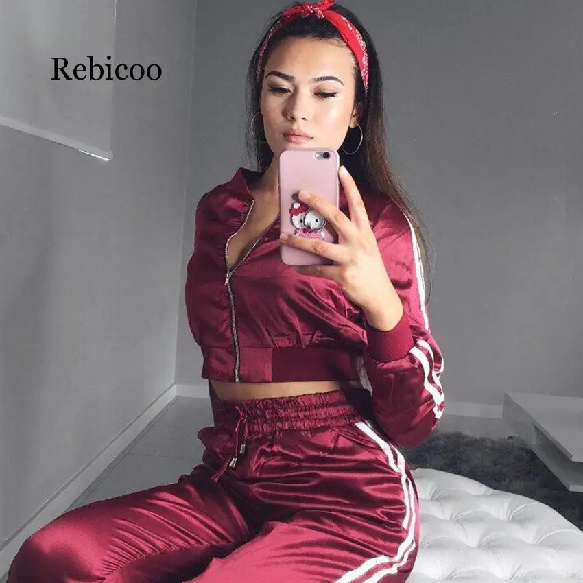 

Spring Autumn Women Satin 2 Piece Sets Side Stripe Crop Tops Drawstring Calf Length Pants Trousers Workout Jogging Tracksuits