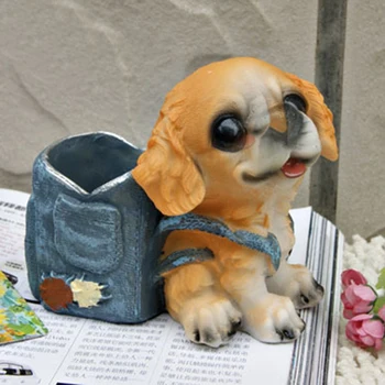 

Students Gift Pencil Vase Puppy Dog Resin Crafts Stationery Figurine Desktop Organizer Happy Table Decorative Smiling Pen Holder