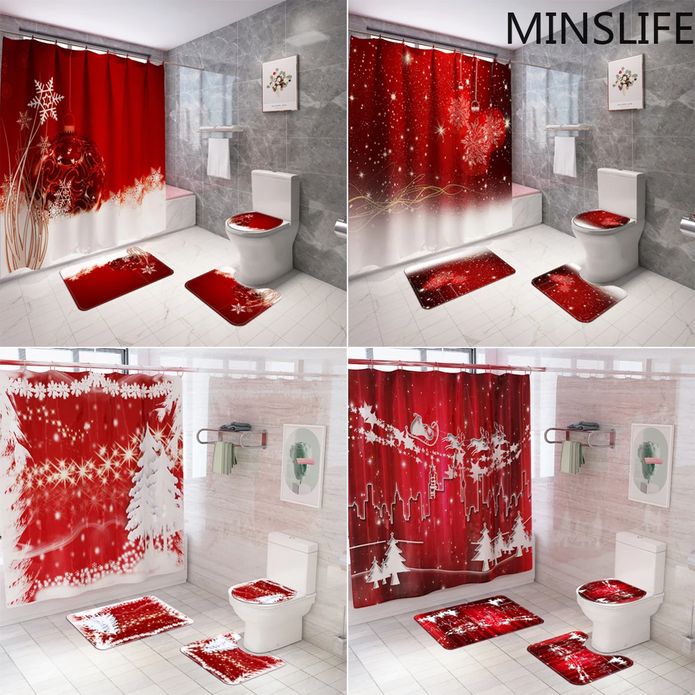 

Red Christmas Tree Bells Bathroom Curtain Sets Waterproof Polyester Fabric Bath Curtains Anti Slip Pads Mat Holiday Decoration