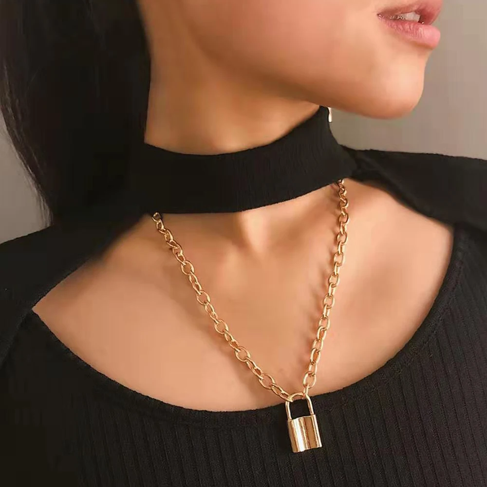 

Punk Padlock Pendant Necklace Hip Hop Lock Chain Necklace Women men Gothic Long Chain New vintage Jewelry Friendship Gift