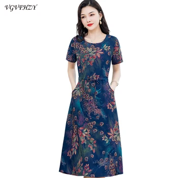 

Women's Summer Dresses new 2020 Middle-Aged Fashion Print Loose Dress Casual Short Sleeve Plus Size long dress Vestidos