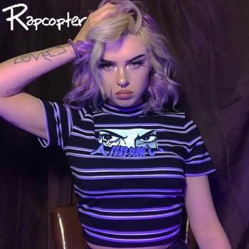 

Rapcopter Character Print Reflective Fashion Tshirt SummerNew 2020 Short Sleeve Cropped Top Striped Casual Women Slim Tee Shirt