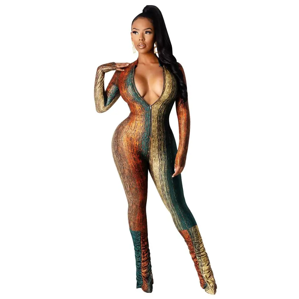 

Adogirl Colorful Tie Dye Print Women Stacked Jumpsuit Sexy Deep V Neck Long Sleeve Zipper Bodycon Romper Ruched Playsuit Overall