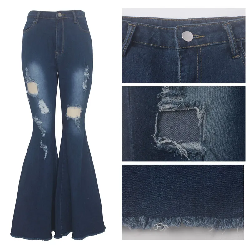 Tsuretobe осень размера плюс расклешенные брюки женские рваные джинсы модные с высокой талией Широкие штаны случайный звонок-Низ Джинсы Брюки