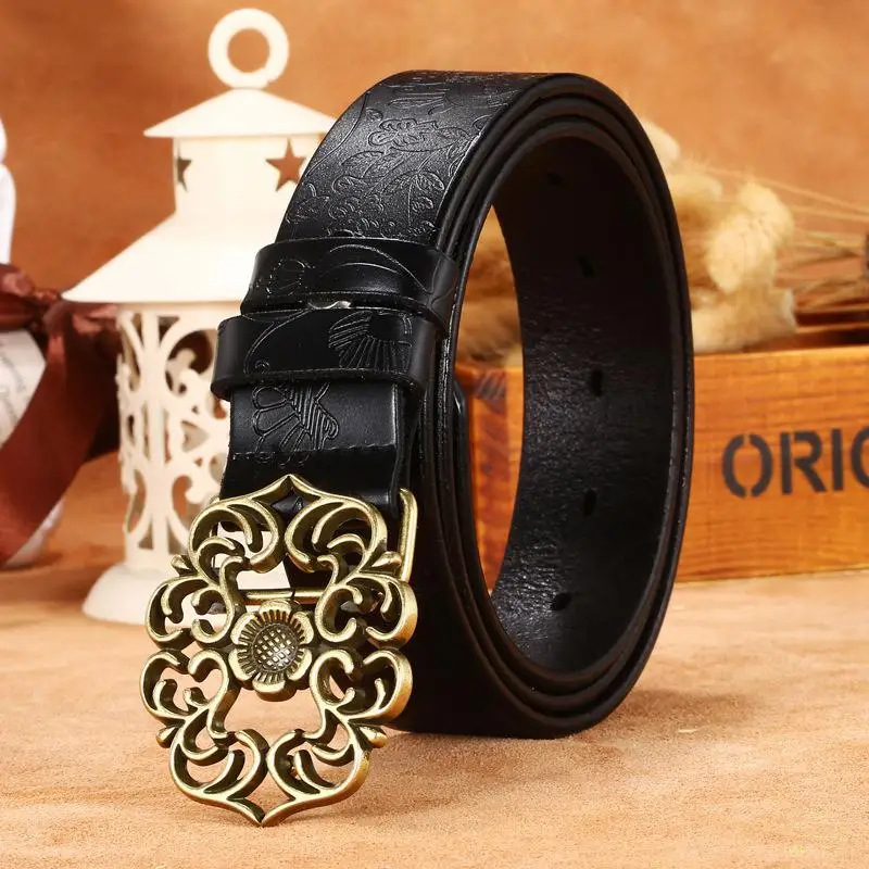 Brand Women Belt Designer Genuine Leather Vintage Carved Flower Strap Girls Ladies' Belts For Jeans Smooth Buckle Accessories - Цвет: Product color