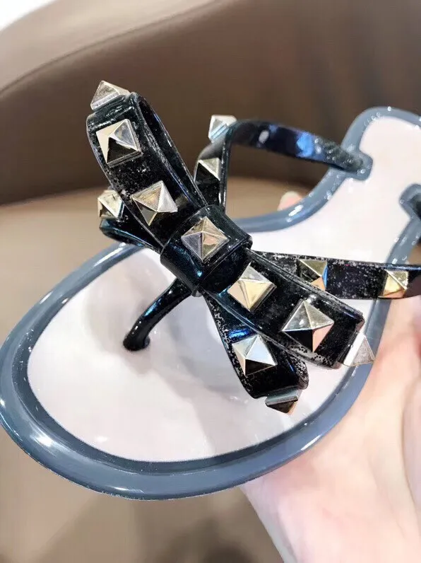 Summer Beach Sandals Woman Flip Flops PVC Slides Female Sandals Rivet Bowknot Slip on Flat with Women Studs Slippers Jelly Shoes
