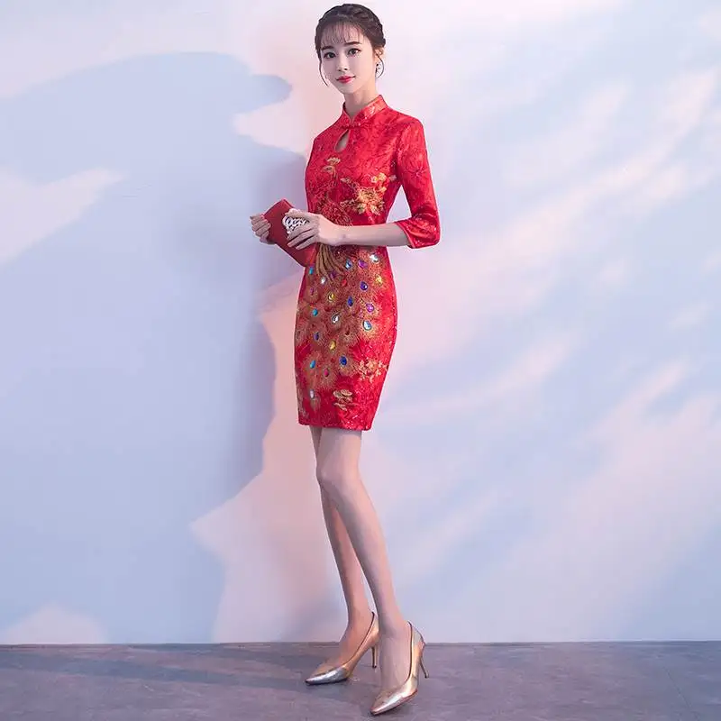 Красный невесты Мини Cheongsam женские вечерние платья Восточный Свадебный с блестками Qipao элегантный в китайском стиле короткая одежда Vestido S-4XL