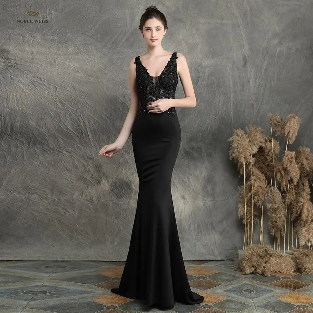Платья для выпускного вечера черное эластичное вечернее платье Русалка сексуальное платье с v-образным вырезом расшитое бисером с аппликацтей на выпускной - Цвет: black