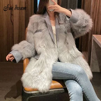 

2020 Winter New Ladies Elegant Artificial Fox Fur Jacket Casual Warm Long-sleeved Lapel Concealed Button Jacket Coat